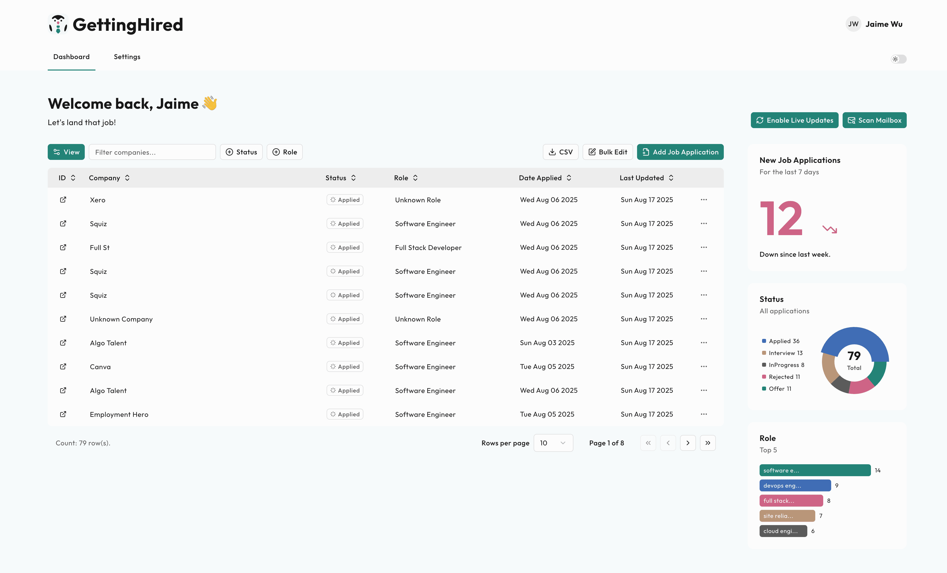 GettingHired dashboard showing job applications organised by hiring stage